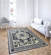 Traditional area rug with ornate medallion design.